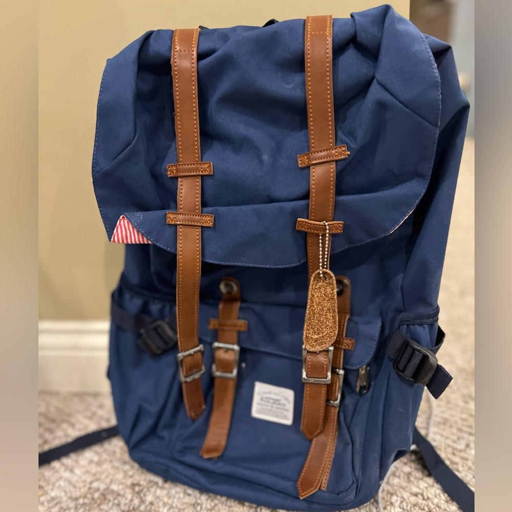 Stylish Blue Backpack with Brown Accents
